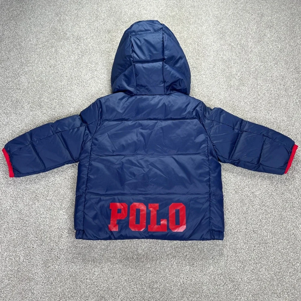 Ralph Lauren Polo Kids Puffer Jacket Down Red Logo Hood 12M Winter Coat Packable